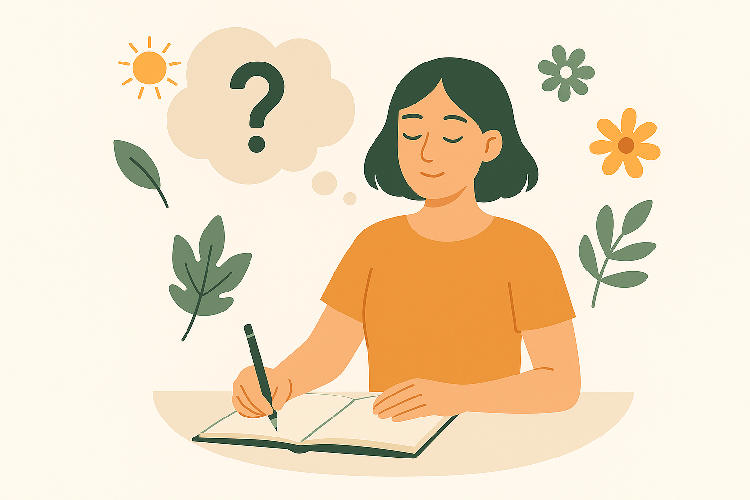 A woman writing in a journal with a question-mark thought bubble and nature elements around her, symbolizing reflective daily mindfulness prompts for self-awareness and mental clarity.