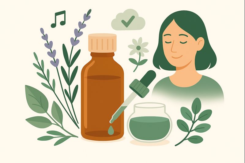 An essential oil bottle with dropper, surrounded by calming botanicals and a peaceful woman’s face, representing how certain oils can improve mood and enhance clarity.
