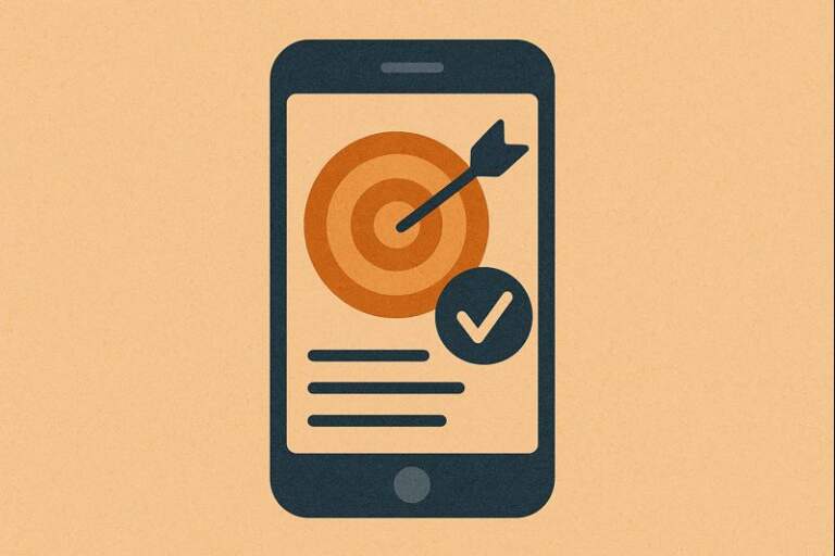 A smartphone screen displaying a target symbol, arrow, and checkmark, representing apps designed to improve focus and reduce digital distractions.