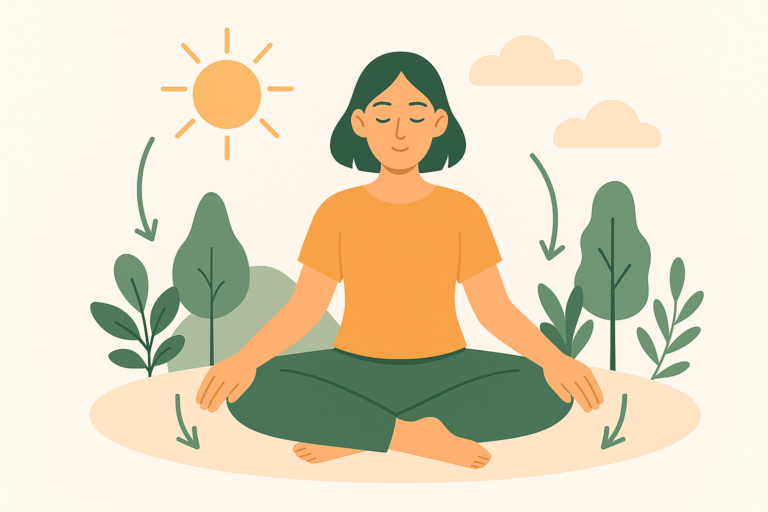 A woman sitting cross-legged outdoors with her hands resting on the ground, surrounded by trees, plants, sun, and grounding arrows, symbolizing daily grounding exercises for calm and stability.