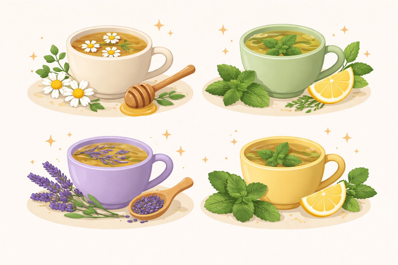 Four cups of herbal tea with chamomile, peppermint, lavender, and lemon balm, surrounded by fresh herbs and lemon slices, symbolizing natural teas that support relaxation and mental clarity.