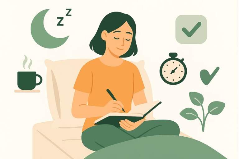 A woman peacefully writing in a journal while sitting in bed, surrounded by calming nighttime symbols like a moon, warm drink, and clock, representing how journaling can ease the mind before sleep.