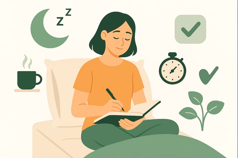 A woman peacefully writing in a journal while sitting in bed, surrounded by calming nighttime symbols like a moon, warm drink, and clock, representing how journaling can ease the mind before sleep.