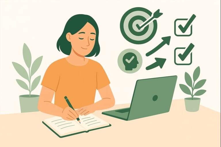 A woman writing in a notebook at her desk with a laptop and focus-related icons like checkmarks, arrows, and a target, symbolizing building a personalized system for better concentration and productivity.