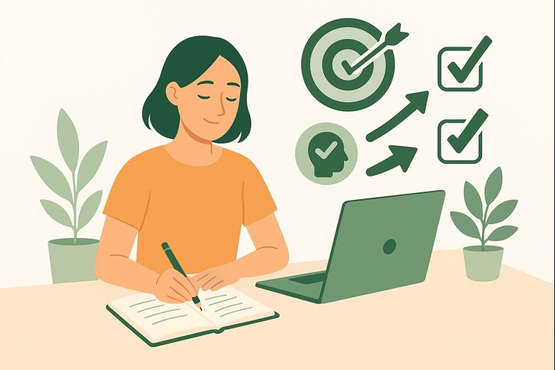 A woman writing in a notebook at her desk with a laptop and focus-related icons like checkmarks, arrows, and a target, symbolizing building a personalized system for better concentration and productivity.
