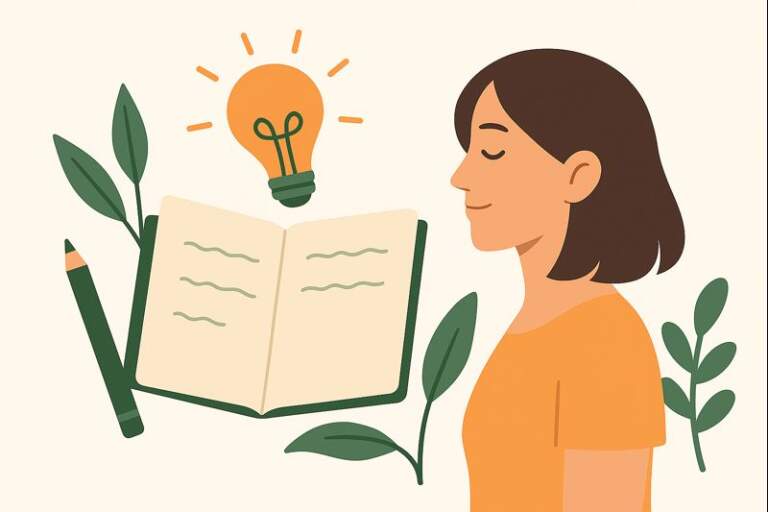 An open journal with a pencil, glowing lightbulb, and a peaceful woman’s profile surrounded by plants, symbolizing how journaling prompts can spark self-discovery and personal insight.