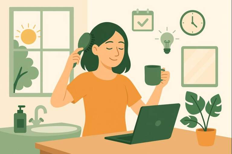A woman preparing for the day by brushing her hair, drinking a warm beverage, and sitting near her laptop in a bright morning setting, symbolizing habits that support peak productivity.