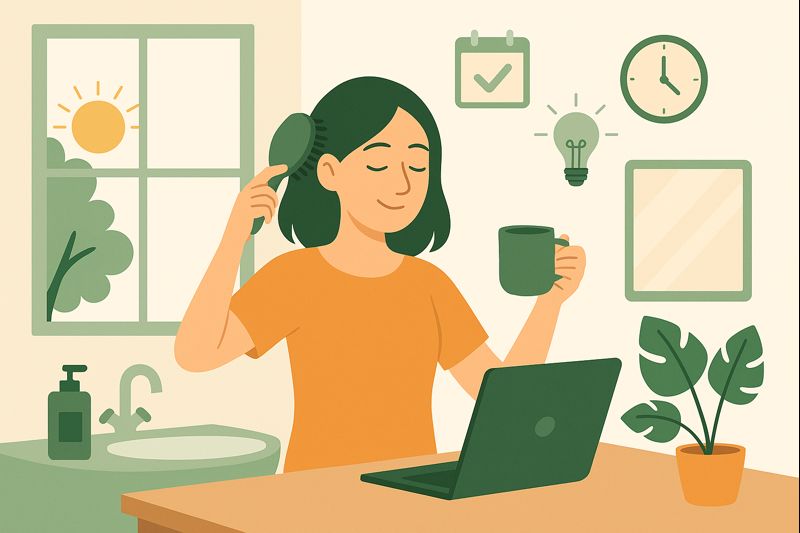 A woman preparing for the day by brushing her hair, drinking a warm beverage, and sitting near her laptop in a bright morning setting, symbolizing habits that support peak productivity.