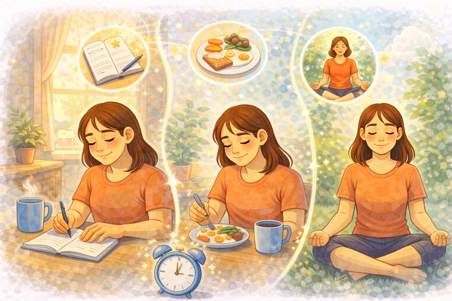 A woman journaling, eating a healthy breakfast, and meditating in a calm morning setting, illustrating a simple morning routine that supports mental clarity and focus.