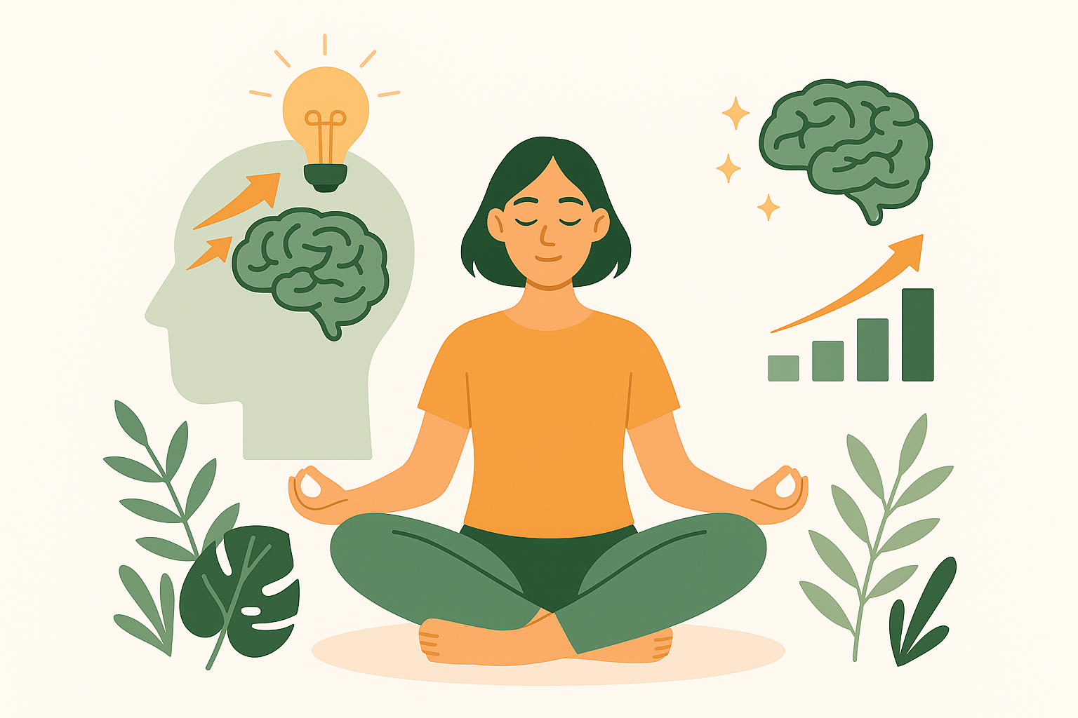 A woman meditating calmly with icons of a brain, lightbulb, and upward growth chart around her, symbolizing how meditation leads to positive neurological changes and improved mental function.