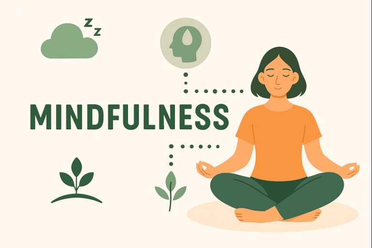 Flat illustration showing a woman sitting in a meditative pose surrounded by mindfulness-related icons including a plant, cloud, brain symbol, and nature elements, representing calm awareness and beginner mindfulness practice.