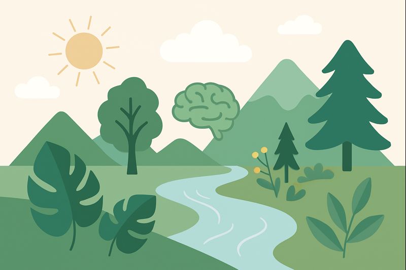 Flat illustration with abundant nature elements including leaves, trees, mountains, water, sunlight, and clouds, with a small brain icon integrated to symbolize how nature exposure improves brain health.