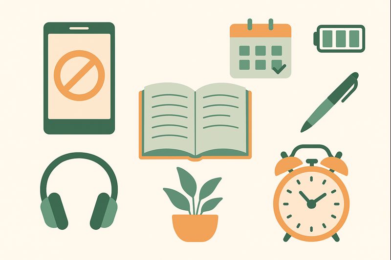 Flat illustration of objects symbolizing reduced screen time, including a smartphone with a block symbol, an open book, calendar, battery icon, pen, headphones, potted plant, and alarm clock, representing healthy offline habits.