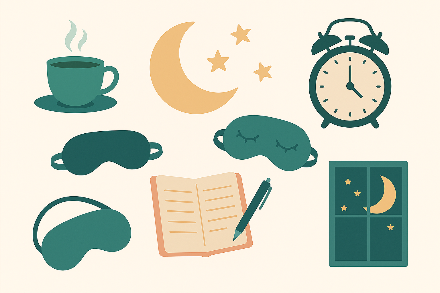 Flat illustration of sleep-related objects including a tea cup, moon and stars, alarm clock, sleep masks, journal with pen, and a night window scene, representing healthy bedtime habits and stress-free sleep routines.