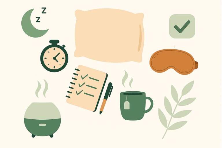 Flat illustration of sleep hygiene essentials including a pillow, alarm clock, checklist notebook, sleep mask, aromatic diffuser, tea mug, moon symbol, and leafy plant, representing habits that support a more restful night.