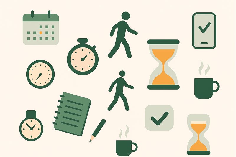Flat-style illustration featuring clocks, hourglasses, a calendar, notebook, pencil, walking figures, and a coffee cup representing effective time management and productivity habits.